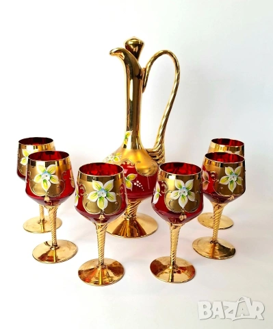 Винтидж комплект за вино от рубинено червено стъкло