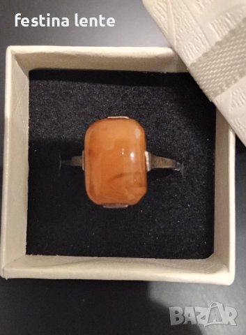 Стар руски сребърен пръстен с кехлибар, снимка 3 - Пръстени - 52394458