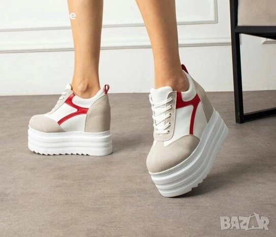 Кецове на платформа - бяло, сиво и червено - SJN80 , снимка 1 - Кецове - 38813004