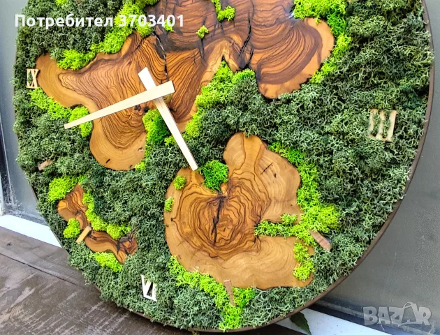 Часовник от маслина и скандинавски мъх , снимка 4 - Стенни часовници - 56271144