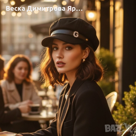 Елегантна дамска шапка тип фуражка с декоративна лента и метално лого, снимка 3 - Шапки - 52665638