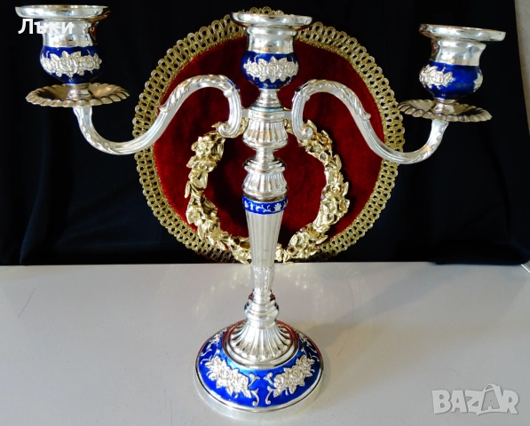 Посребрен троен свещник,рози,кобалт,рококо. , снимка 12 - Антикварни и старинни предмети - 52817267