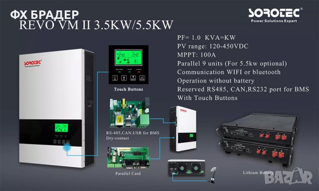 Хибриден соларен инвертор 5500W MPPT 100A REVO VM II, снимка 2 - Друга електроника - 42257578