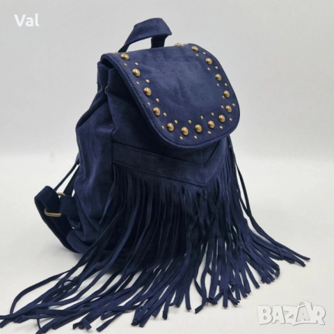 Велурена дамска раница с ресни и метални нитове-бохо стил и практичност, снимка 4 - Чанти - 52475253
