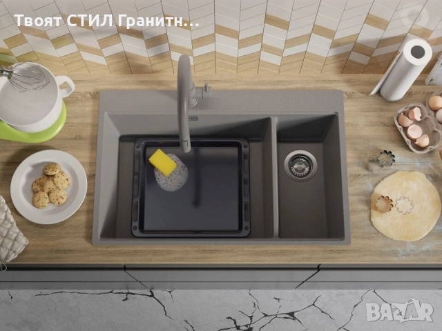 Сива кухненска гранитна мивка Осло 80 Duo Top 780x500 мм, снимка 6 - Мивки - 52548501