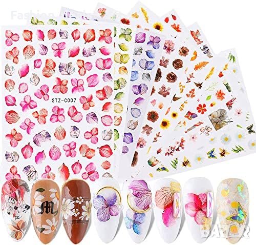 Нови Цветя Самозалепващи се Стикери 8 листа Декорация нокти Деца Момичета