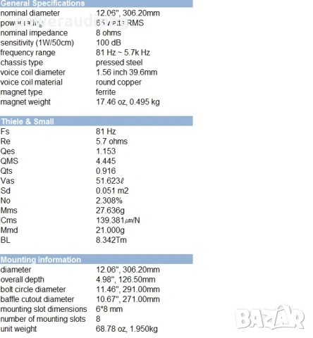 Американски Профи 12 инча говорител Marshall 300RFL10 - 65W/130W - 8 OHM - 1бр., снимка 8 - Тонколони - 53649130