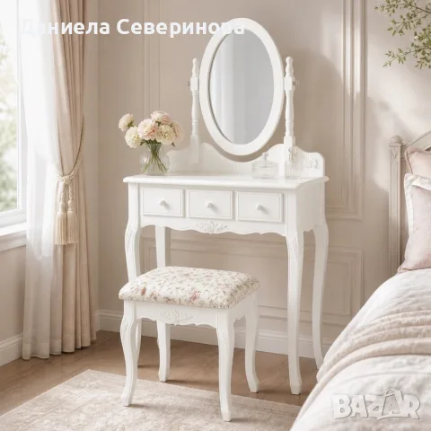 Бяла козметична тоалетка с овално огледало и табуретка, снимка 7 - Тоалетки - 56194921