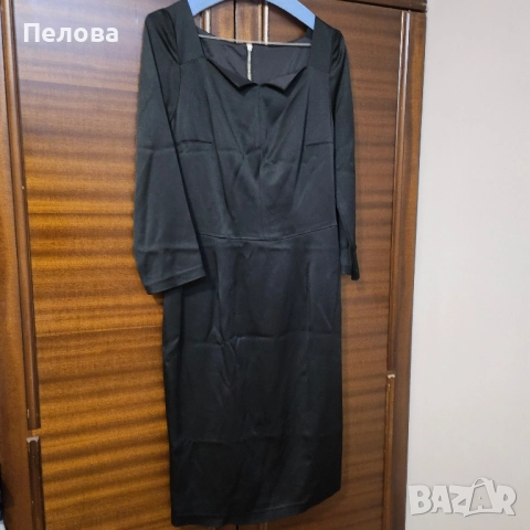 Черна рокля сатен,с 7/8 ръкав