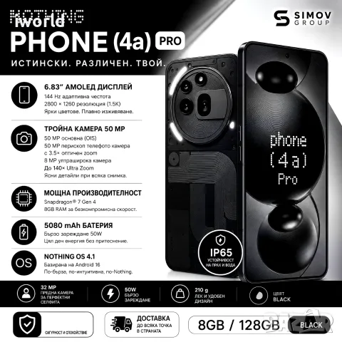 НОВ⚠️ Nothing Phone 4a Pro ⚠️ Лизинг от 17€/мес ❗️ 6.83’’, 8GB/128GB, Black, снимка 2 - Apple iPhone - 55922396