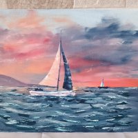 Картина "Лодка в морето" - маслени бои на платно - 40/31см, снимка 5 - Картини - 39435687
