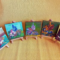 Малки рисувани картини с пеперуда и цветя със статив , снимка 6 - Декорация за дома - 44423656