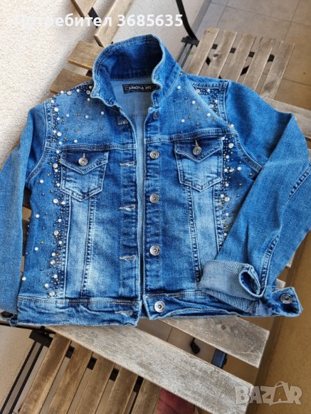 НОВО Дънкено яке с камъни и перли, снимка 1
