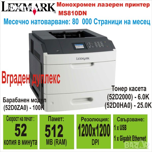 Лазерен принтер Lexmark MS810DN-Двустранен печат и мрежа, снимка 1