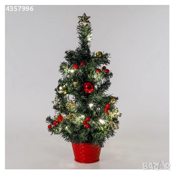 Декоративна коледна елха с червени топки в саксия, 20 LED, 50см, снимка 1