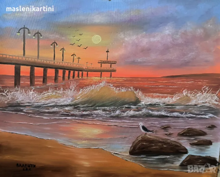 Летен изгрев над бургаския мост маслена картина , снимка 1
