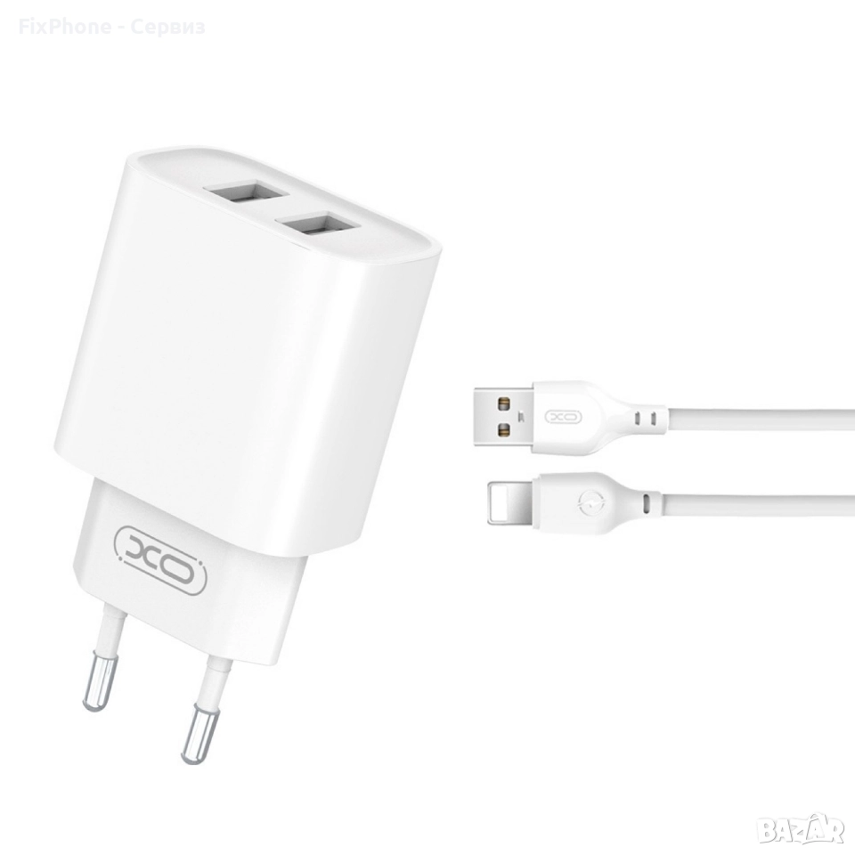 Зарядно устройство комплект XO CE02C 2x USB 2,1A + Lightning кабел, Бяло , снимка 1
