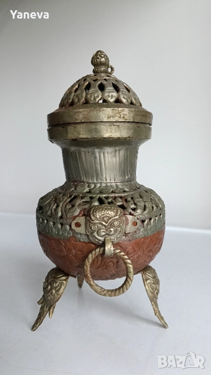 Тибетска, медна , старинна кадилница ,съд за прекадяване на тамян., снимка 1