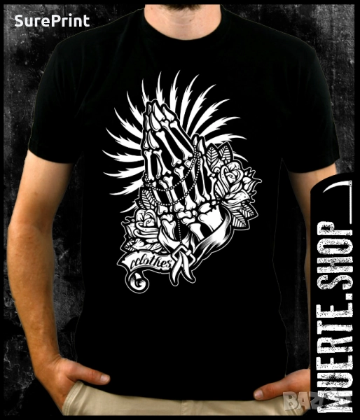 Черна тениска с щампа PRAYING HANDS, снимка 1