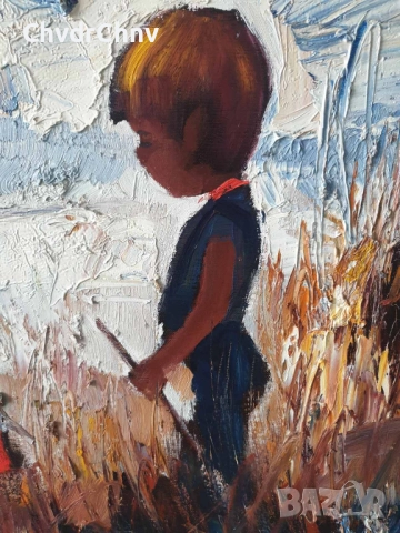 Folke Larsson 66х55см/стара шведска картина масло върху платно/деца-момче-момиче/дървена рамка, снимка 5 - Картини - 52076911