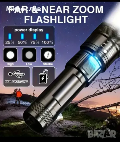 Мощно XHP50 LED фенерче Вградена батерия Презареждаема фенерче Супер ярка светлина , снимка 8 - Прожектори - 48631312