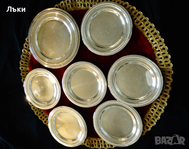 Посребрени медни чинии,перлен релеф,комплект 7 бр. 