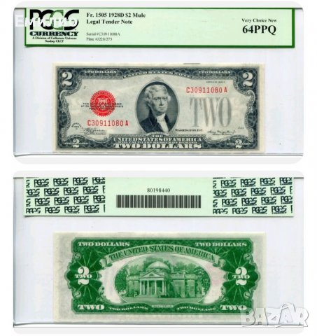 RARE. USA 🇺🇸 $ 2 DOLLARS 1928-D MULE. PCGS 64, снимка 2 - Нумизматика и бонистика - 38850563