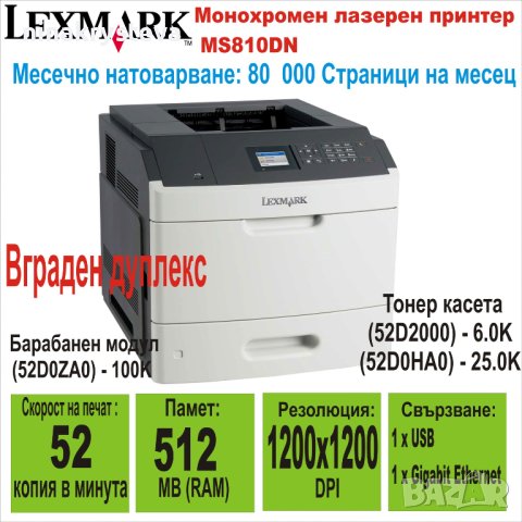 Лазерен принтер Lexmark MS810DN-Двустранен печат и мрежа, снимка 1 - Принтери, копири, скенери - 41528075