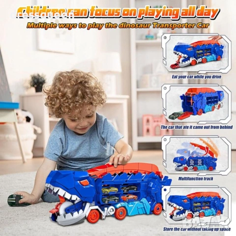 4742 Син Камион Динозавър с Трансформираща се Писта за Изстрелване: Комплект 3в1 с Включени коли, снимка 5 - Коли, камиони, мотори, писти - 53780071