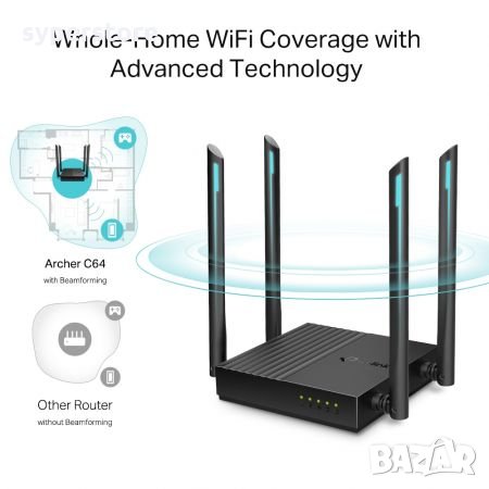Безжичен Рутер TP-Link Archer C64 AC1200 2-лентов MU-MIMO Wi-Fi Рутер за дома и офиса, снимка 4 - Мрежови адаптери - 34664190