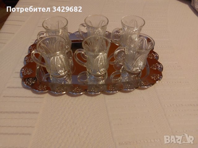 Стъклени чаши с дръжка за чай и Кафе с поднос, снимка 2 - Чаши - 41839874