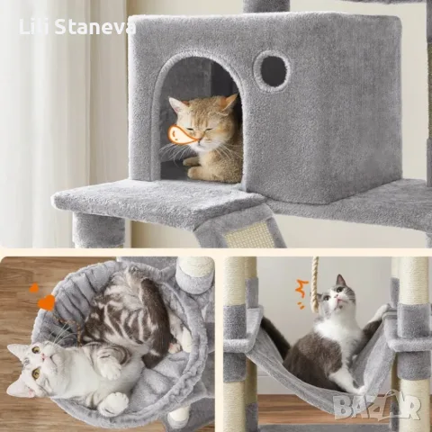 Драскалка за котки Light Gray 206 см – XXL катерушка с 2 къщички, хамак и площадки., снимка 4 - За котки - 55853792
