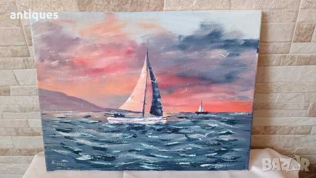 Картина "Лодка в морето" - маслени бои на платно - 40/31см, снимка 5 - Картини - 39435687
