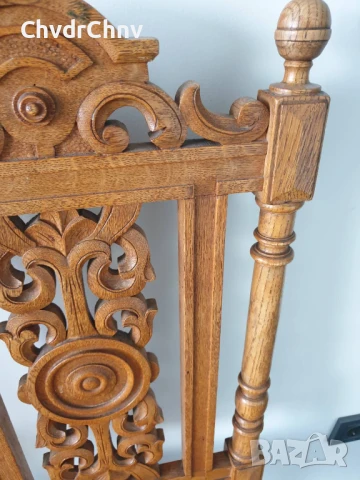 100см дърворезба/2бр чифт стари ретро дървени столове с релефни седалки, снимка 3 - Столове - 50727480