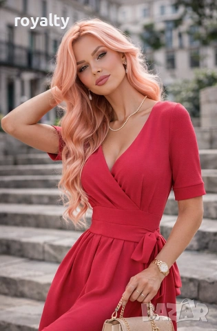 Дамска рокля с къс ръкав, кръстосана яка и разкроена пола / цвят цикламен, снимка 2 - Рокли - 53706448