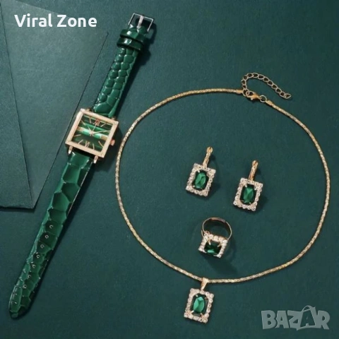 Елегантен комплект часовник и бижута с зелени кристали и златист корпус, снимка 3 - Бижутерийни комплекти - 53128079
