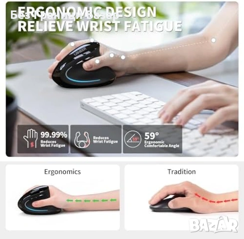 Нова Вертикална Bluetooth мишка Uineer, 800-2400 DPI, Type-C, лека, тиха, снимка 3 - Клавиатури и мишки - 53525987