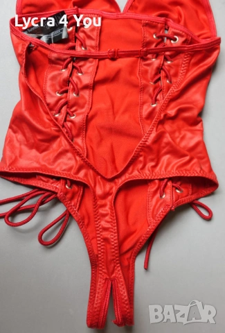 Ann Summers XS/S (UK 8-10) червено боди с кожен ефект и отворено дъно, снимка 6 - Бельо - 53841889