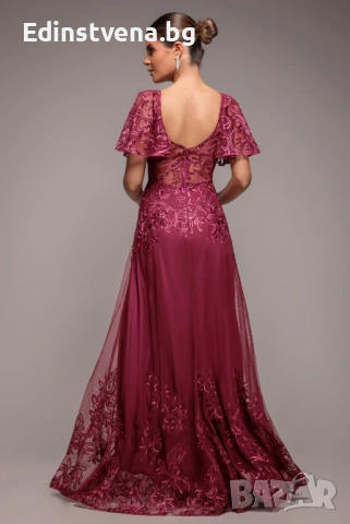 Дамска официална дълга рокля Goddiva от тюл и дантела в цвят бордо, снимка 2 - Рокли - 53147510