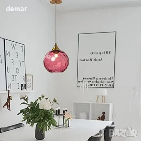 Висяща лампа с виненочервен стъклен глобус 20 см, снимка 3 - Лампиони - 55807544