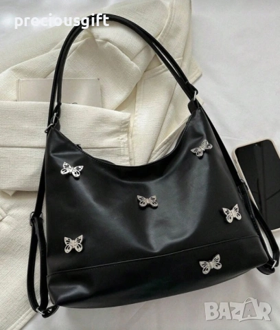 Дамска черна чанта/раница с пеперуди, снимка 4 - Чанти - 53289827