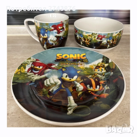 Детски порцеланов комплект за хранене 3в1 Соник, снимка 4 - Сервизи - 51847225