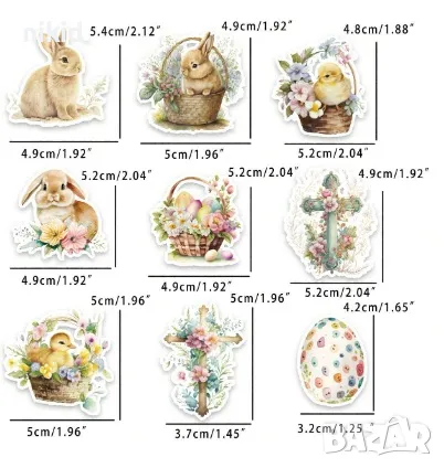50 бр Пролетни Великденски заек пиле яйце самозалепващи лепенки стикери украса декор картонена торта, снимка 2 - Други - 47598332