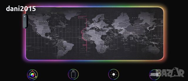 Геймърска светеща подложка за клавиатура карта на света / Светеща компютърна подложка, снимка 7 - Клавиатури и мишки - 40813217