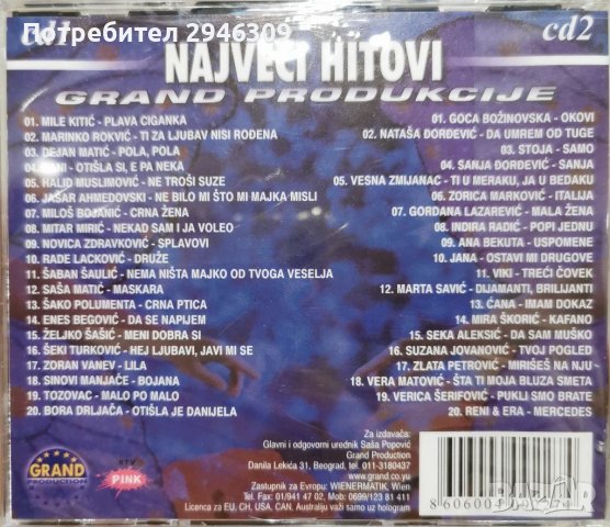 Najveci Hitovi Grand produkcije 1 & 2 (2xCD), снимка 2 - CD дискове - 41911158