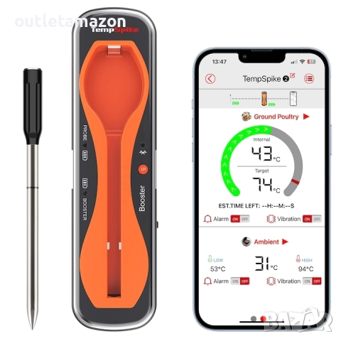 Цифров термометър за месо ThermoPro Tempspike, безжичен, Bluetooth, 