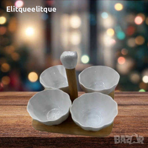 Елегантен комплект от 4 керамични купички с дървена стойка, снимка 3 - Други - 52188157