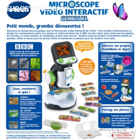 Детски микроскоп Vtech GENIUS XL, увеличение 200Х, комплект аксесоари, клипове от BBС, език: френски, снимка 7 - Образователни игри - 56145281