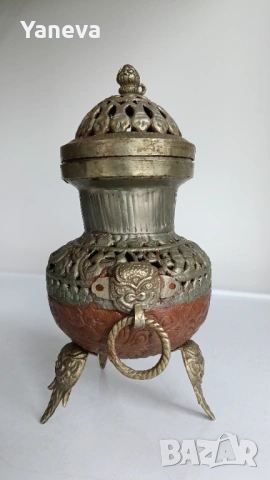 Тибетска, медна , старинна кадилница ,съд за прекадяване на тамян.