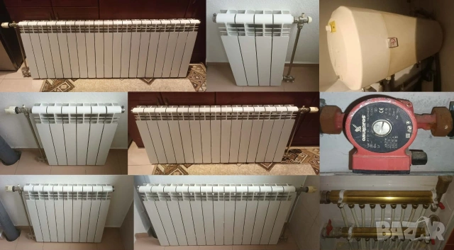 Радиатори за отопление, лира за баня, бойлер, помпа и колектори с връзките, цялостно оборудване.